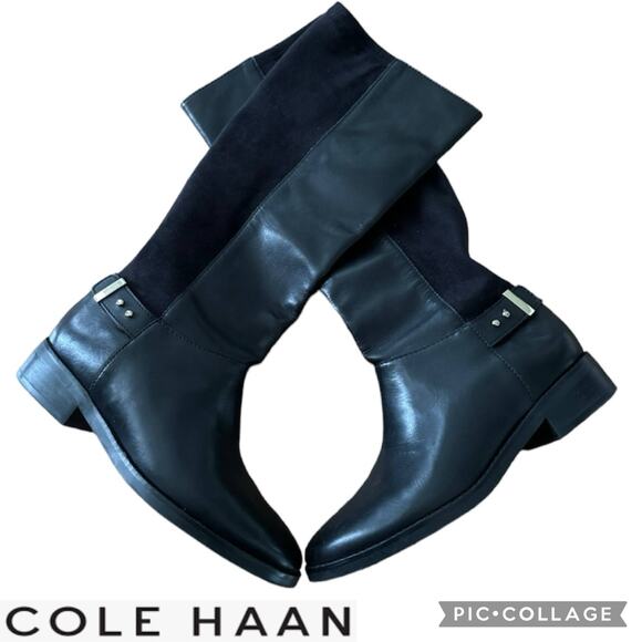 Cole Haan Adler Tall Black Leather/Suede Strech Back Riding Boot size 6.5 - Picture 1 of 15